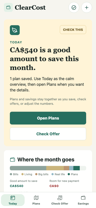 ClearCost Today screen with synthetic planning data